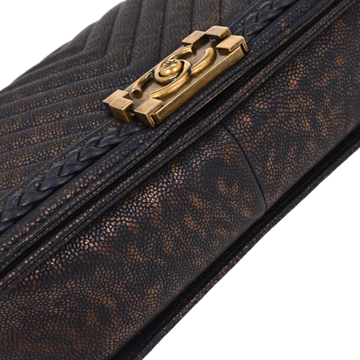 Boy Chanel 2018 Navy Gold Caviar Chevron Medium Shoulder Bag