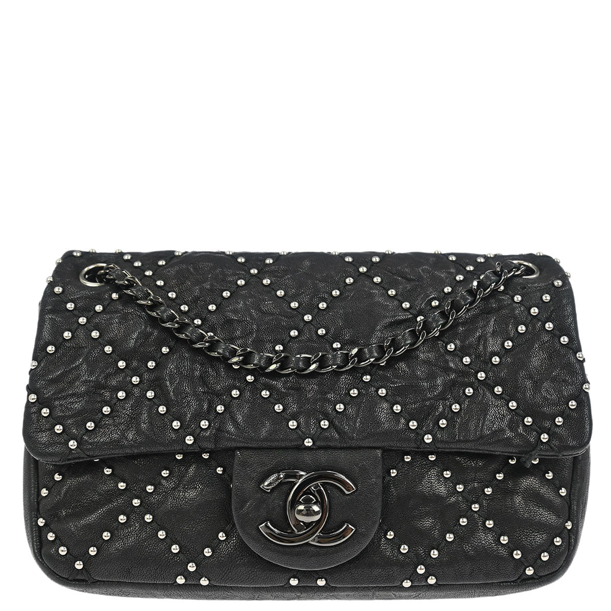 Chanel Black Calfskin Studded Single Flap Shoulder Bag
