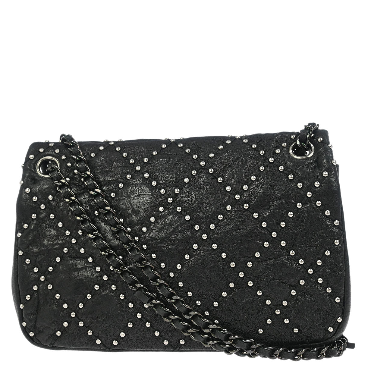 Chanel Black Calfskin Studded Single Flap Shoulder Bag