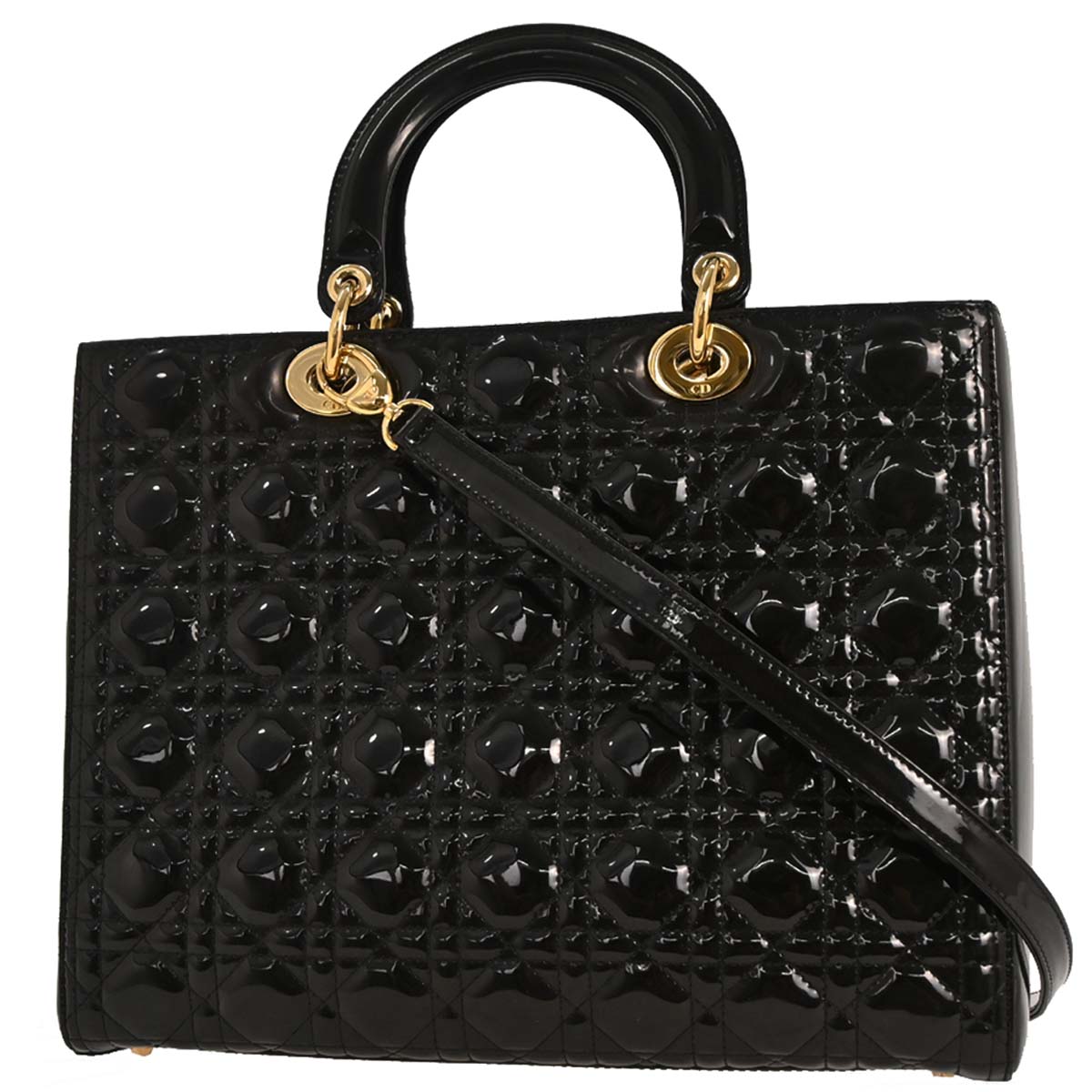 Christian Dior Black Patent Leather Large Lady Dior 2way Shoulder Handbag