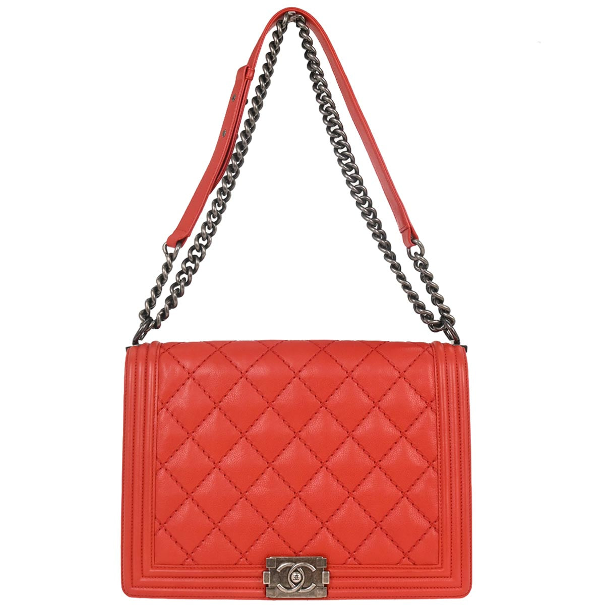 Boy Chanel Red Calfskin Wild Stitch Large Shoulder Bag