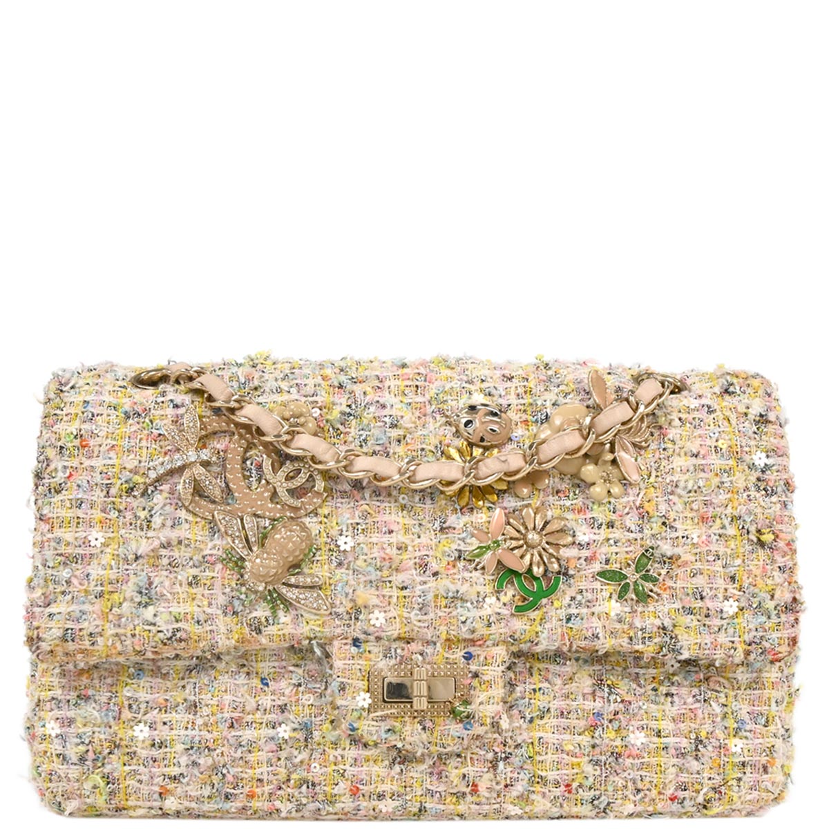 Chanel 2010-2011 White Tweed Garden Party Medium Classic Double Flap Shoulder Bag