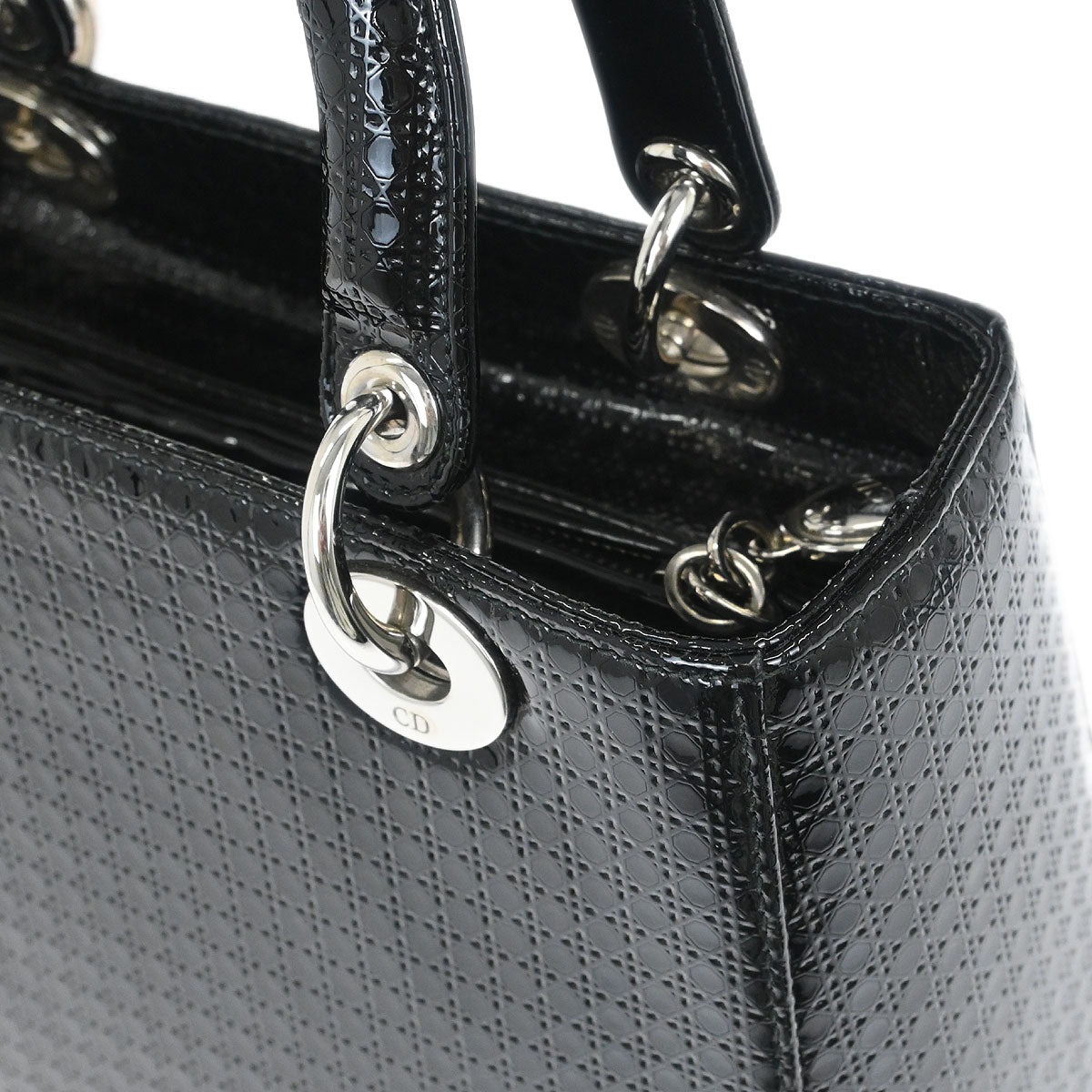 Christian Dior Black Patent Leather Medium Lady Dior Cannage 2way Shoulder Handbag