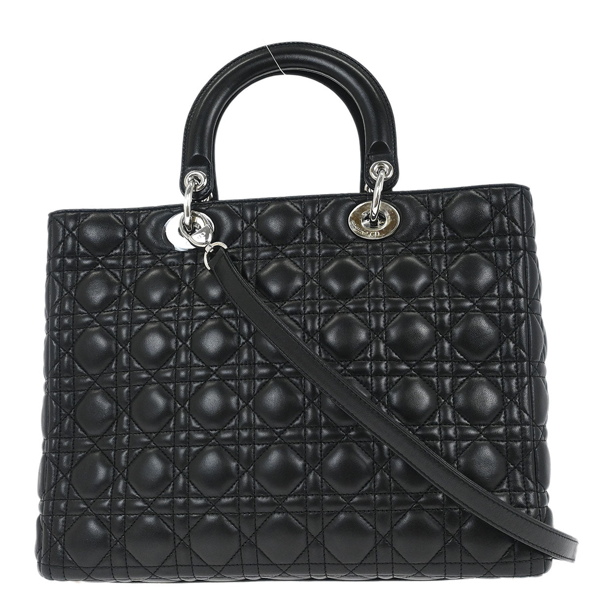 Christian Dior Black Lambskin Large Lady Dior Cannage 2way Shoulder Handbag