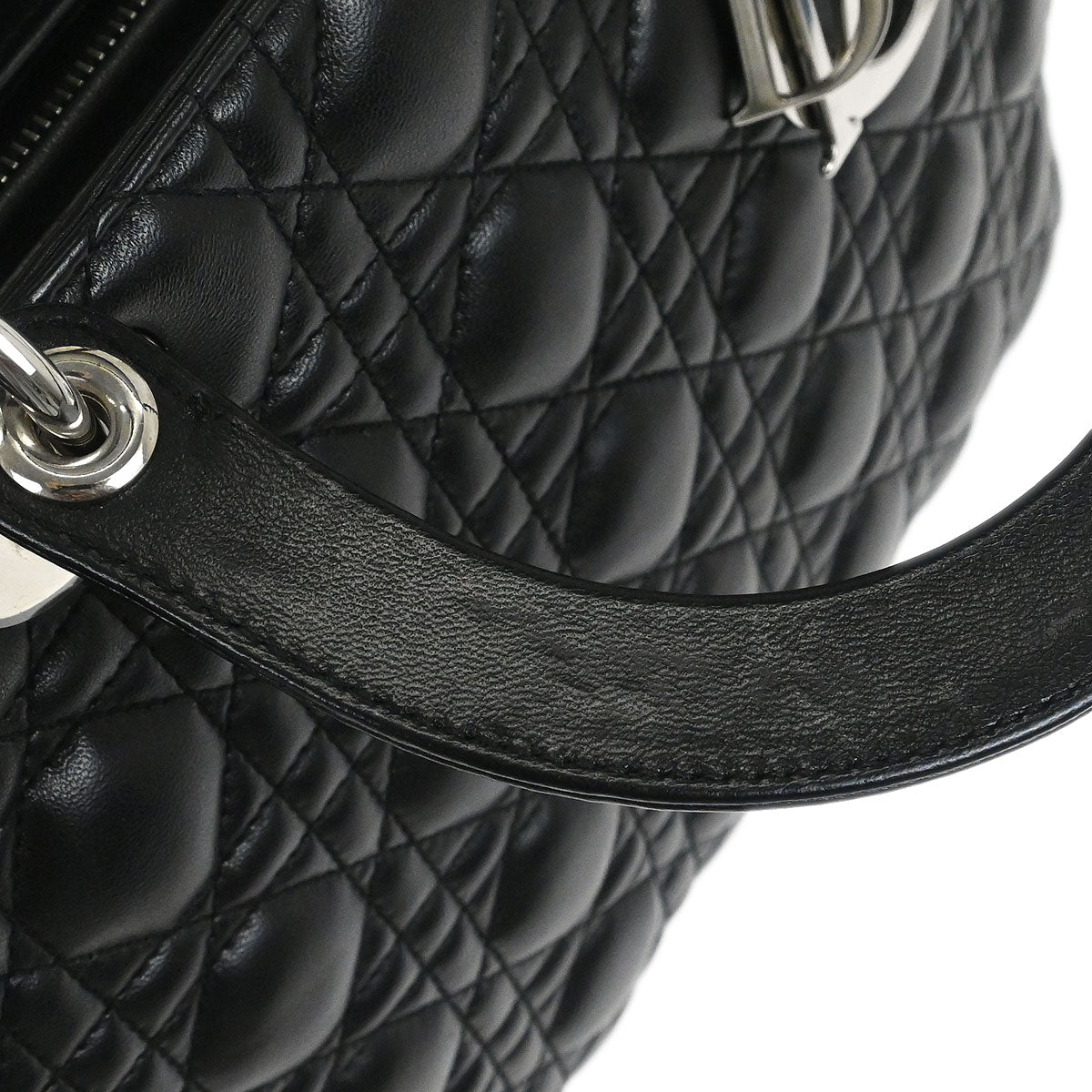 Christian Dior Black Lambskin Large Lady Dior Cannage 2way Shoulder Handbag