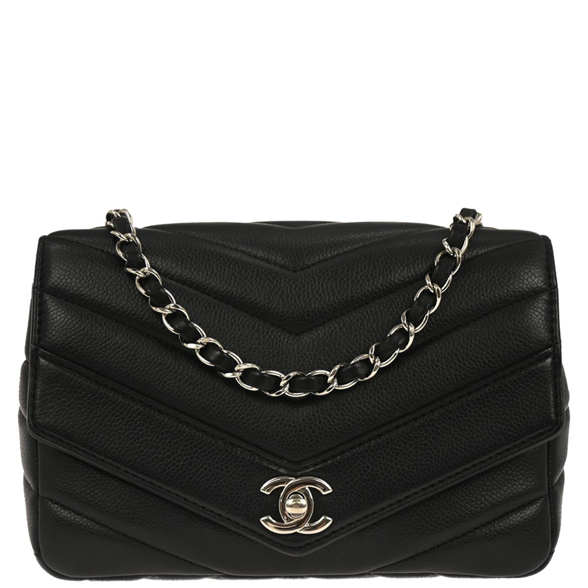 Chanel Black Caviar Skin Chevron Flap Bag Shoulder Bag