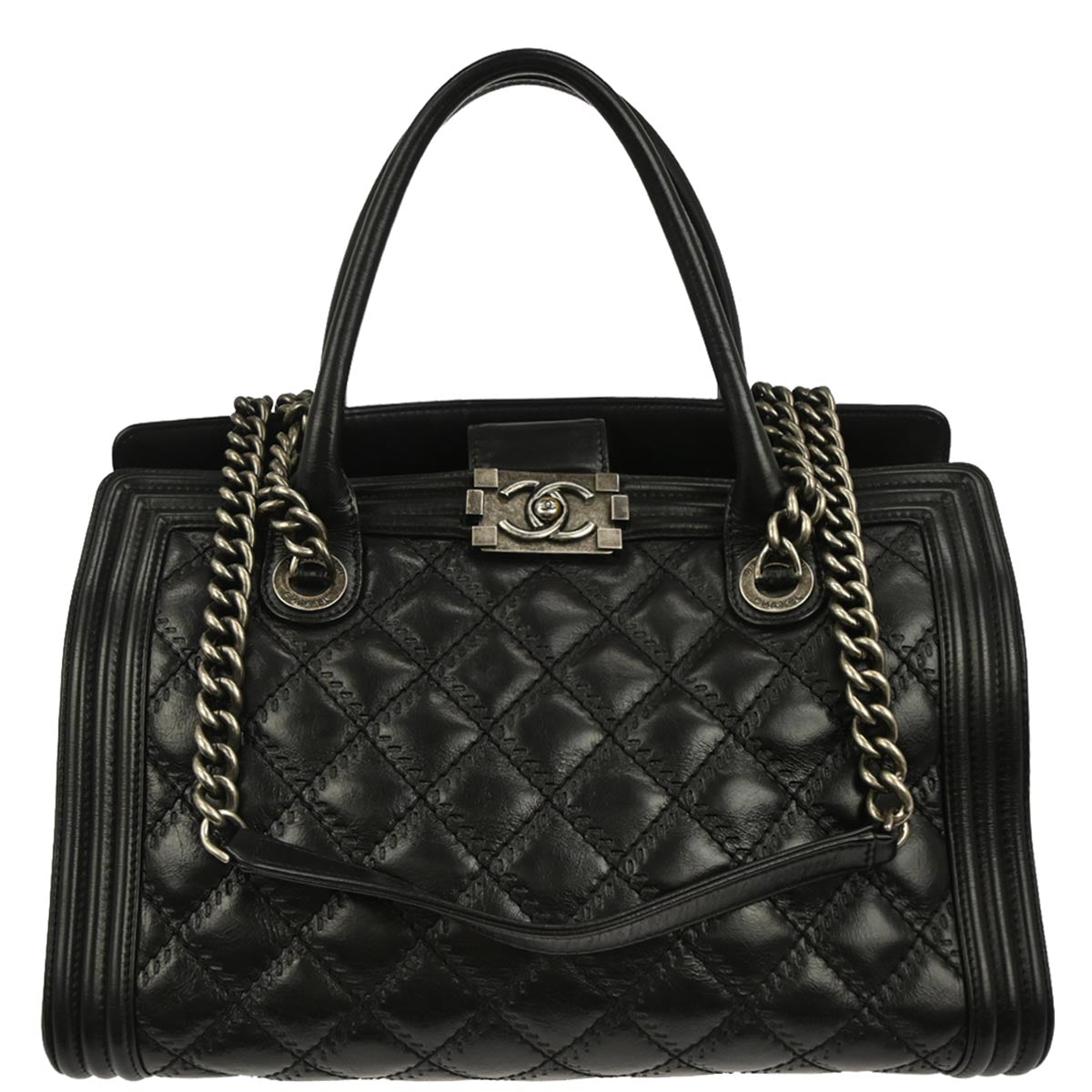 Boy Chanel Black Calfskin Double Stitch ShoulderTote Bag