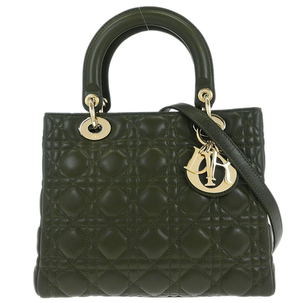 Christian Dior Khaki Lambskin Medium Lady Dior Cannage 2way Shoulder Handbag