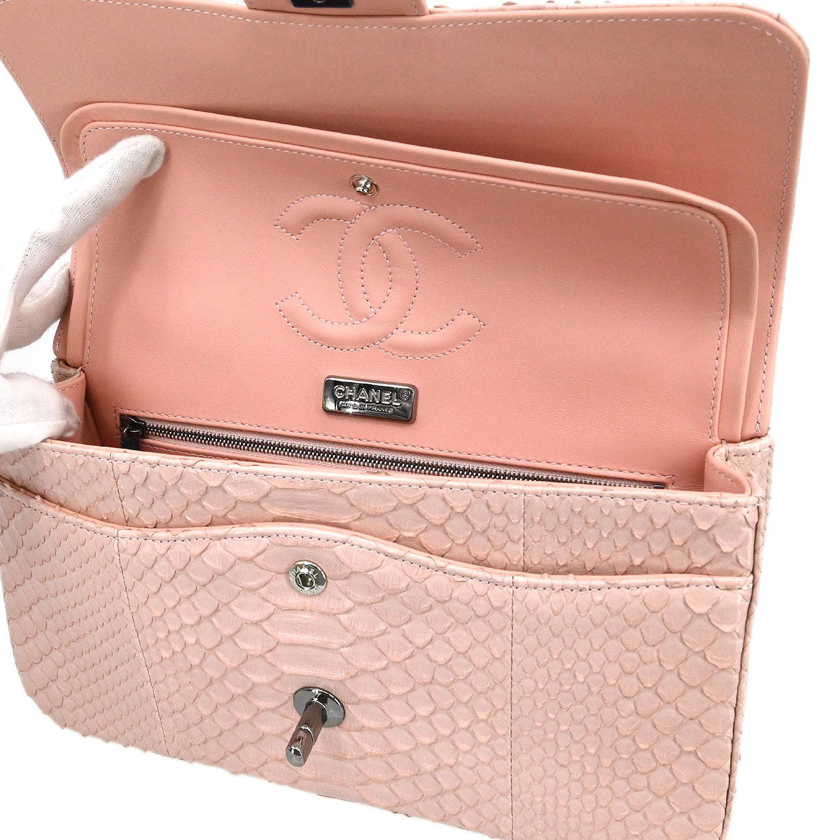 Chanel * Light Pink Python Medium Classic Double Flap Shoulder Bag