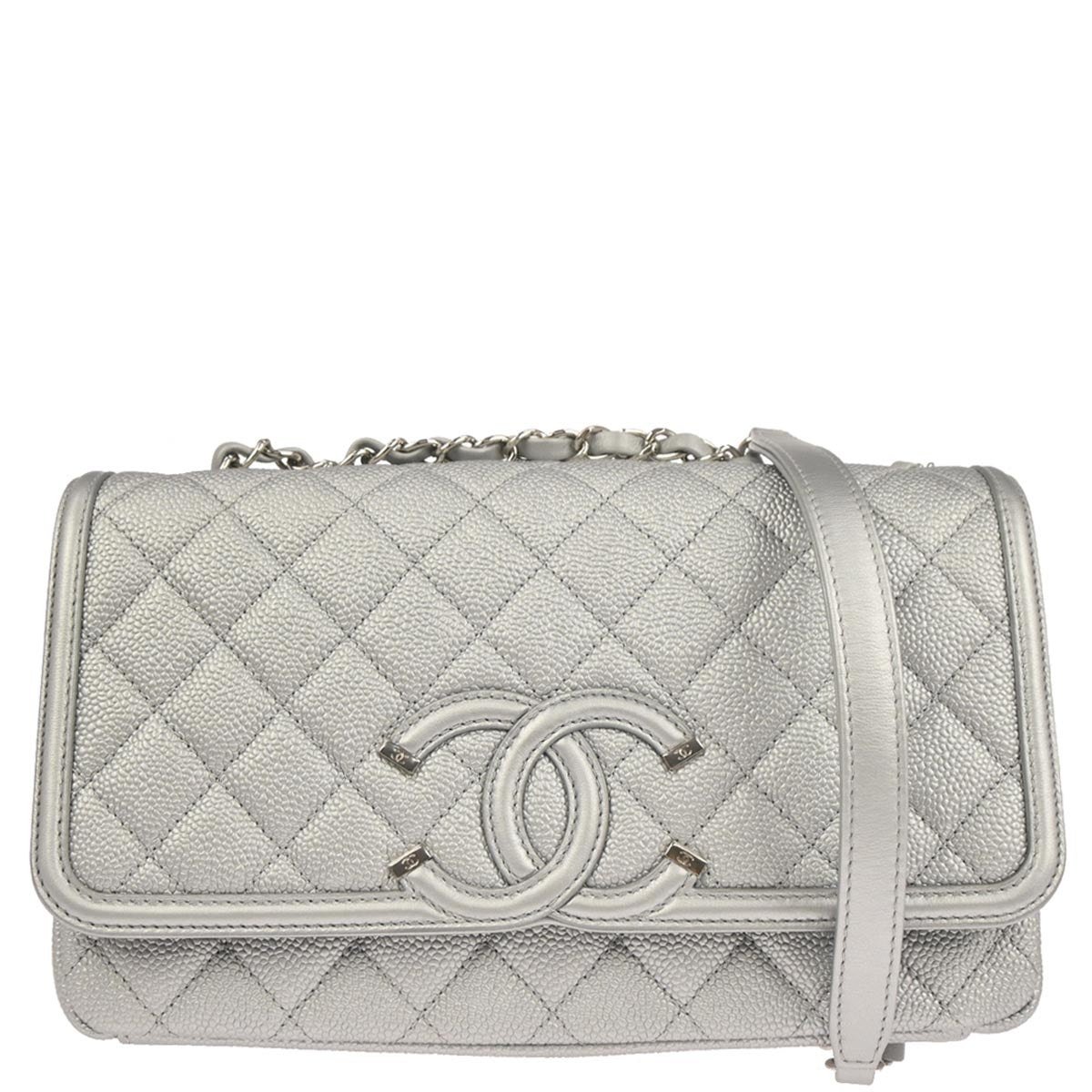 Chanel Silver Caviar Skin CC Filigree Flap Bag Shoulder Bag