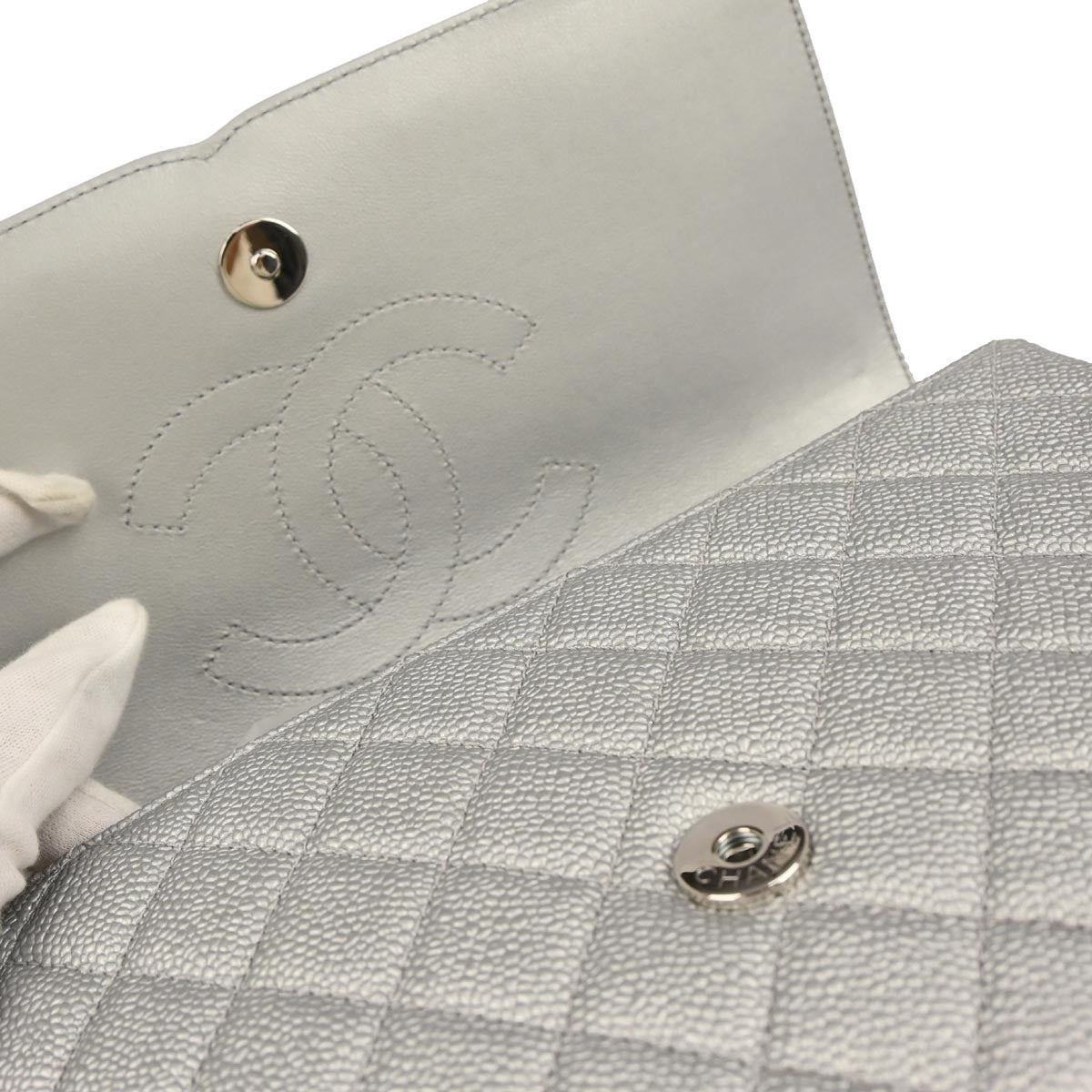 Chanel Silver Caviar Skin CC Filigree Flap Bag Shoulder Bag