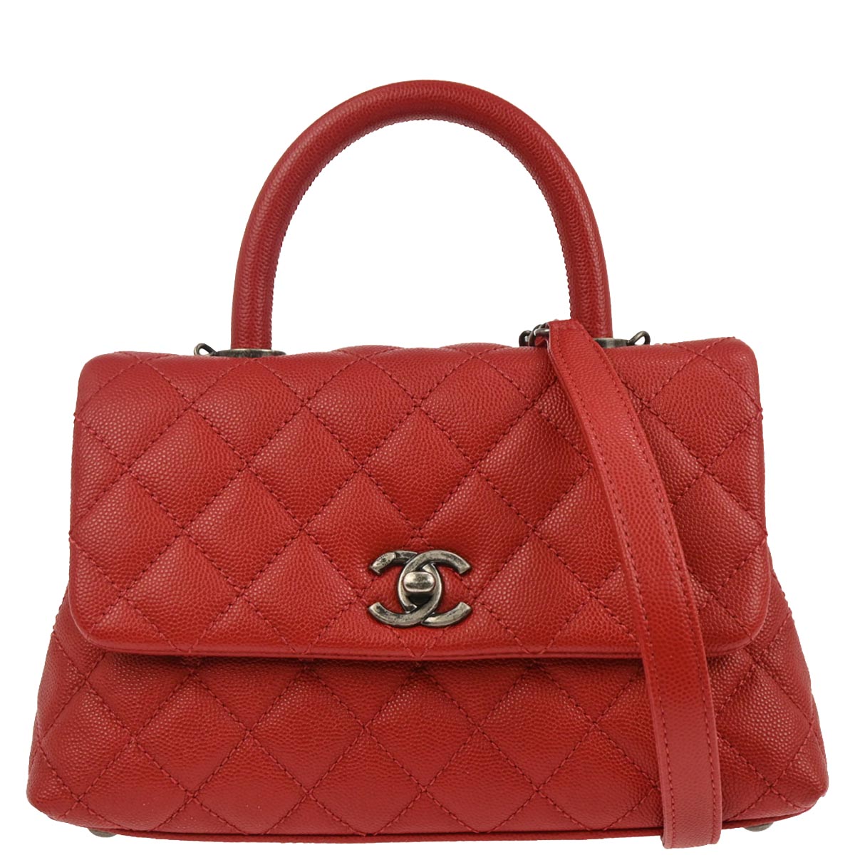 Chanel Red Caviar Coco Handle 2way Shoulder Handbag