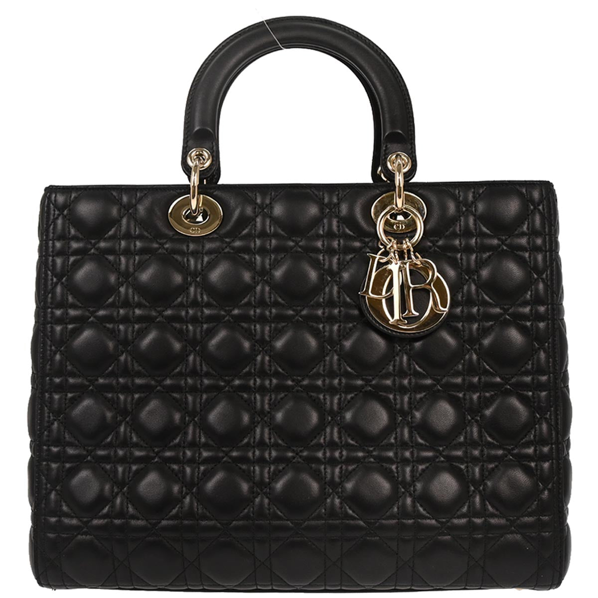 Christian Dior Black Lambskin Large Lady Dior Cannage Handbag