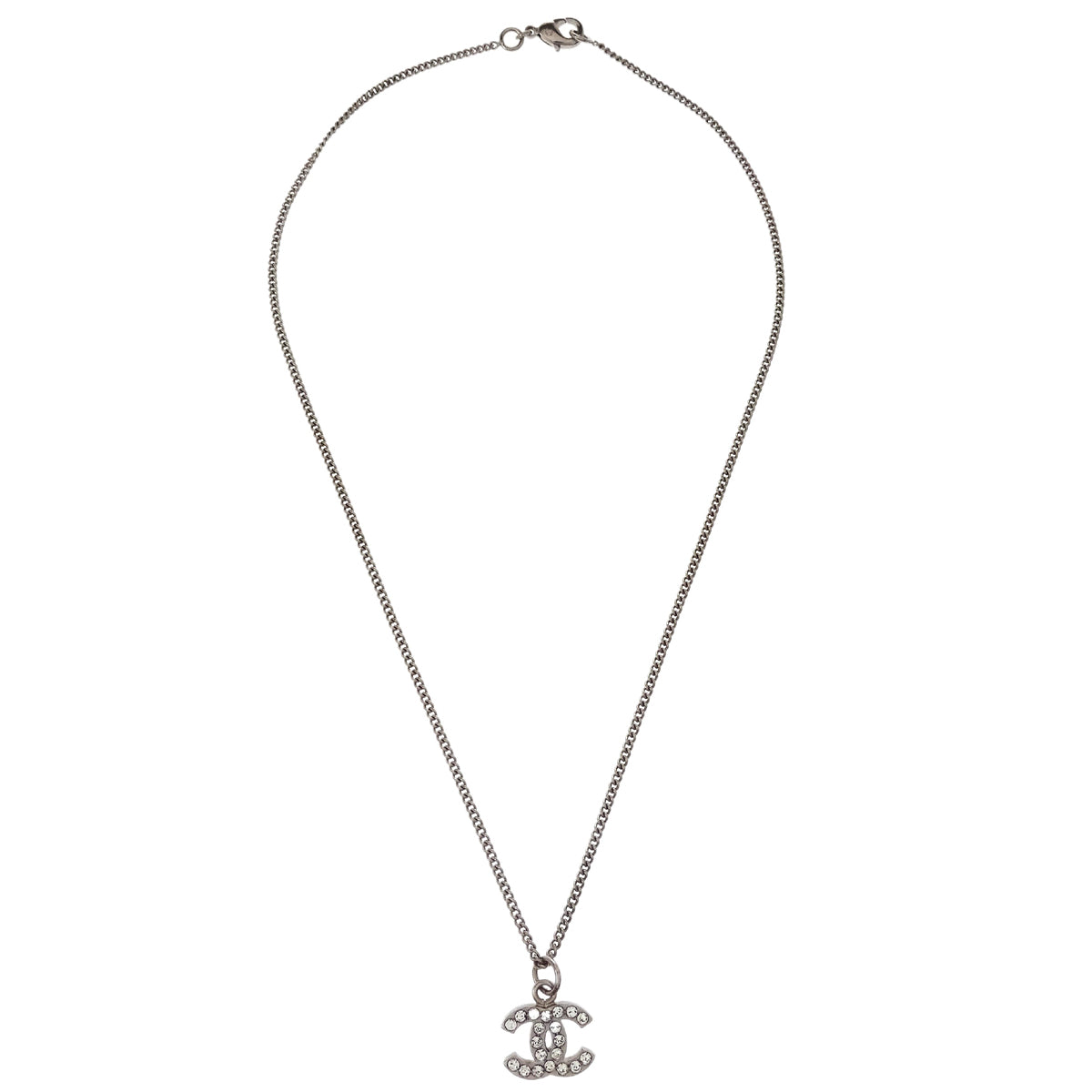 Chanel CC Chain Necklace Pendant Rhinestone Silver B10V