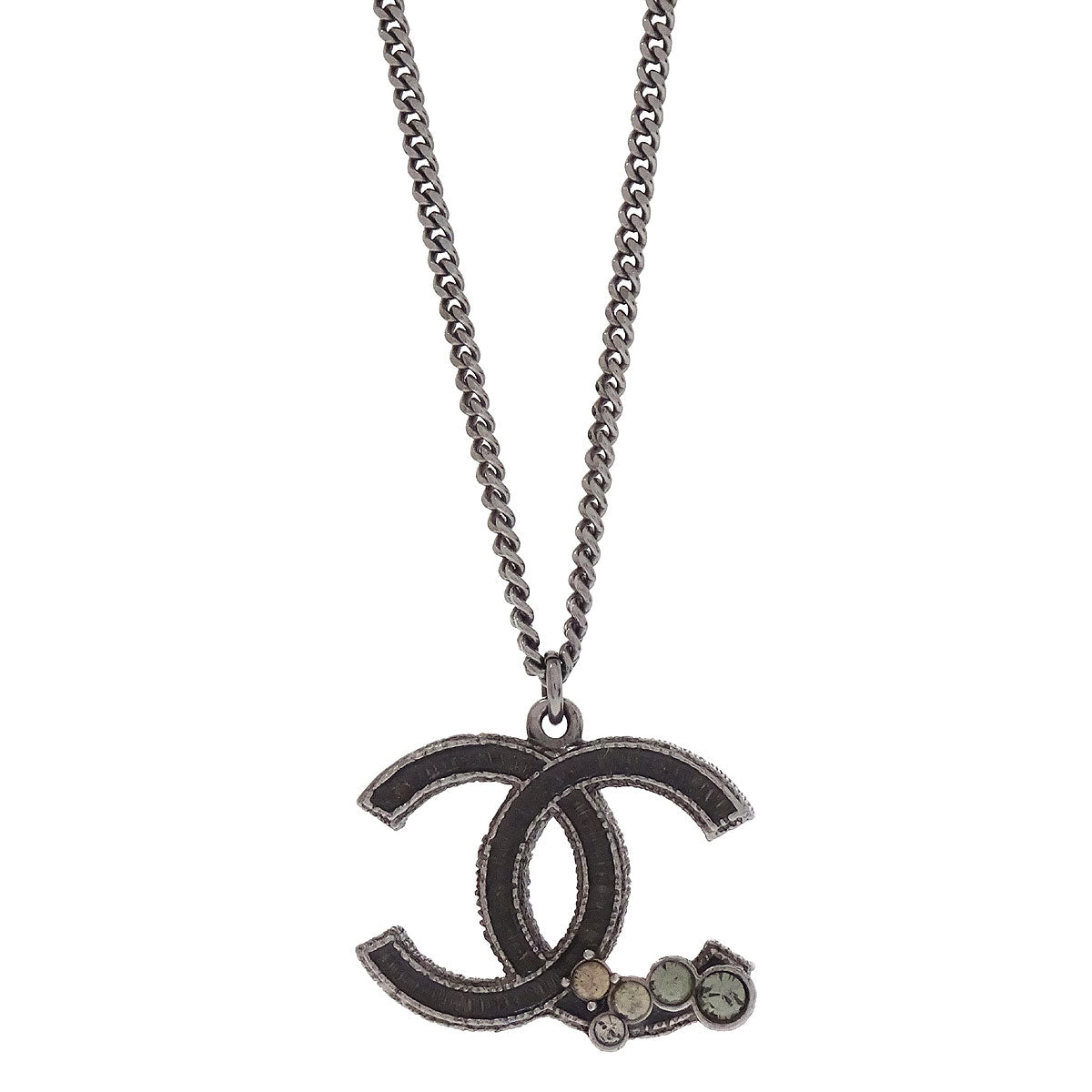 Chanel CC Chain Pendant Necklace Silver Rhinestone 10A