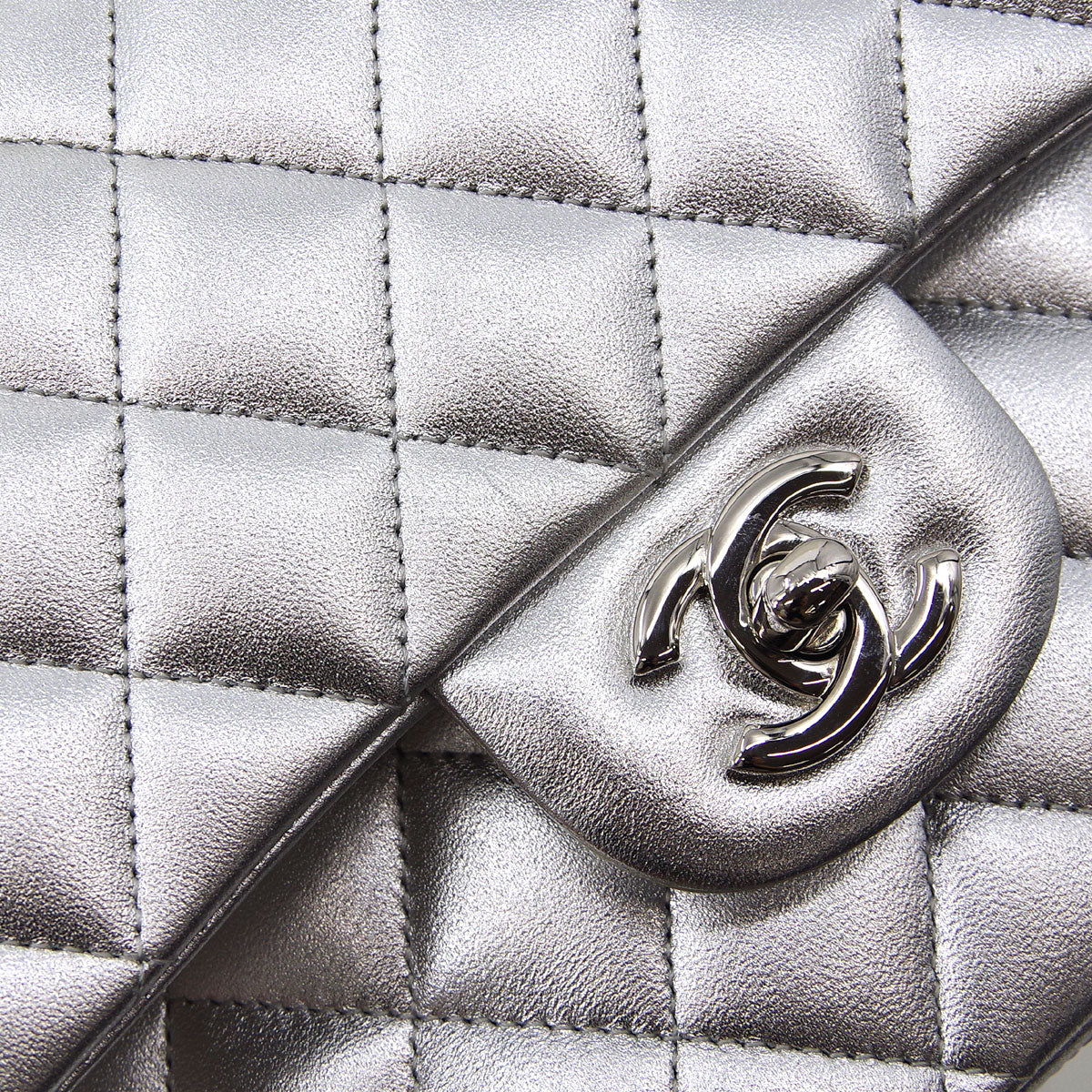 Chanel * 2010-2011 Silver Lambskin Medium Classic Double Flap Shoulder Bag