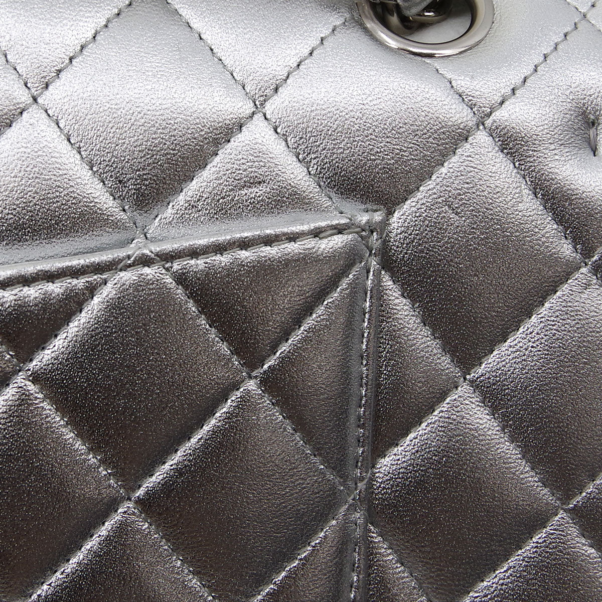 Chanel * 2010-2011 Silver Lambskin Medium Classic Double Flap Shoulder Bag