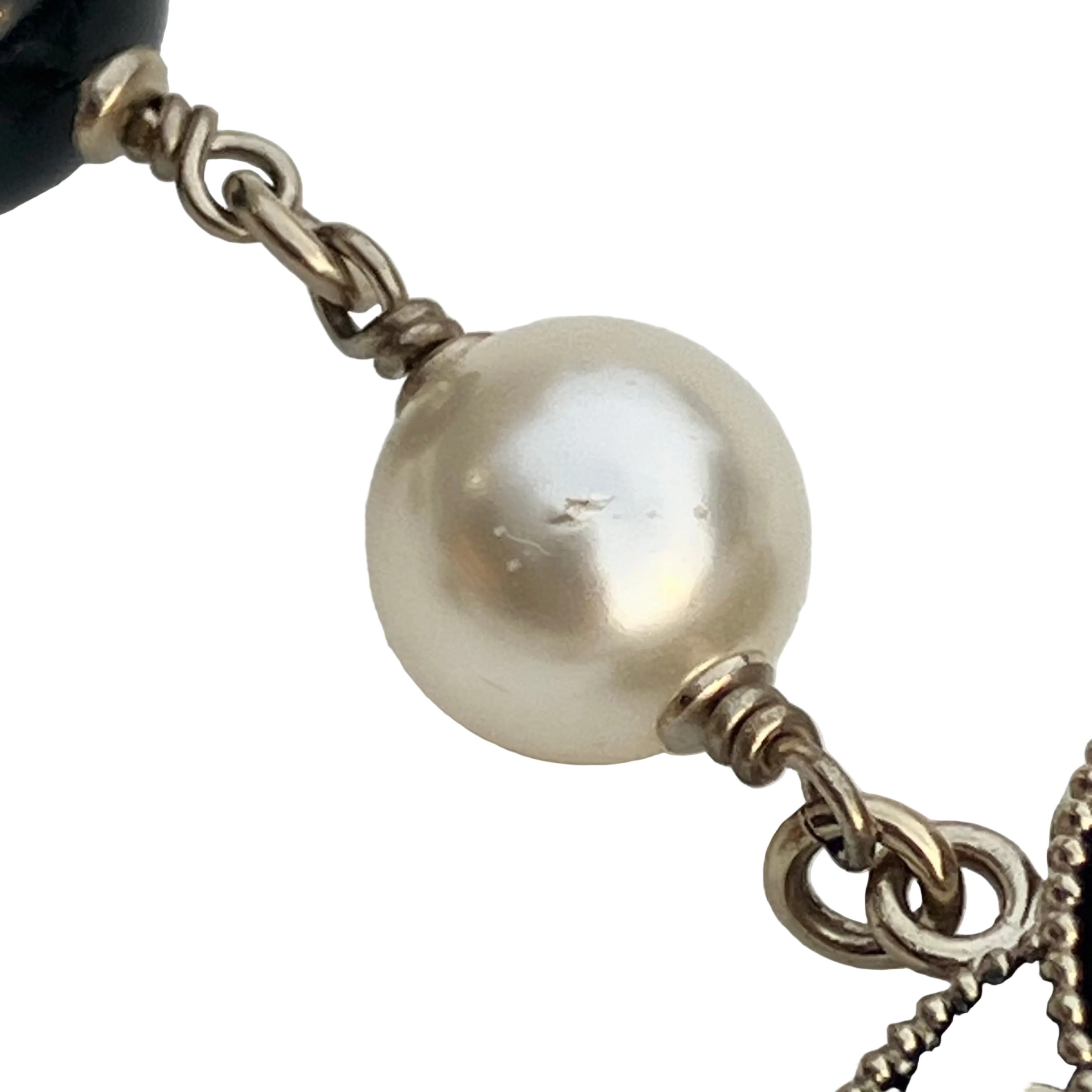 Chanel Long Chain Necklace CC Gold Black Costume Pearl B14V