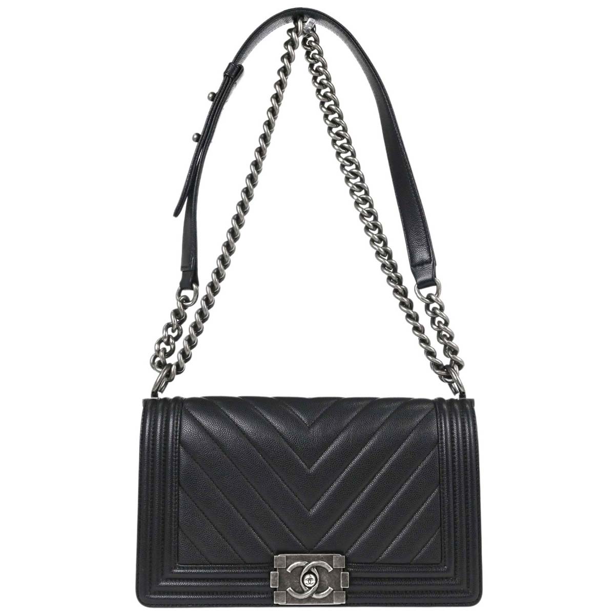 Boy Chanel 2017-2018 Black Caviar Skin Chevron Medium Shoulder Bag