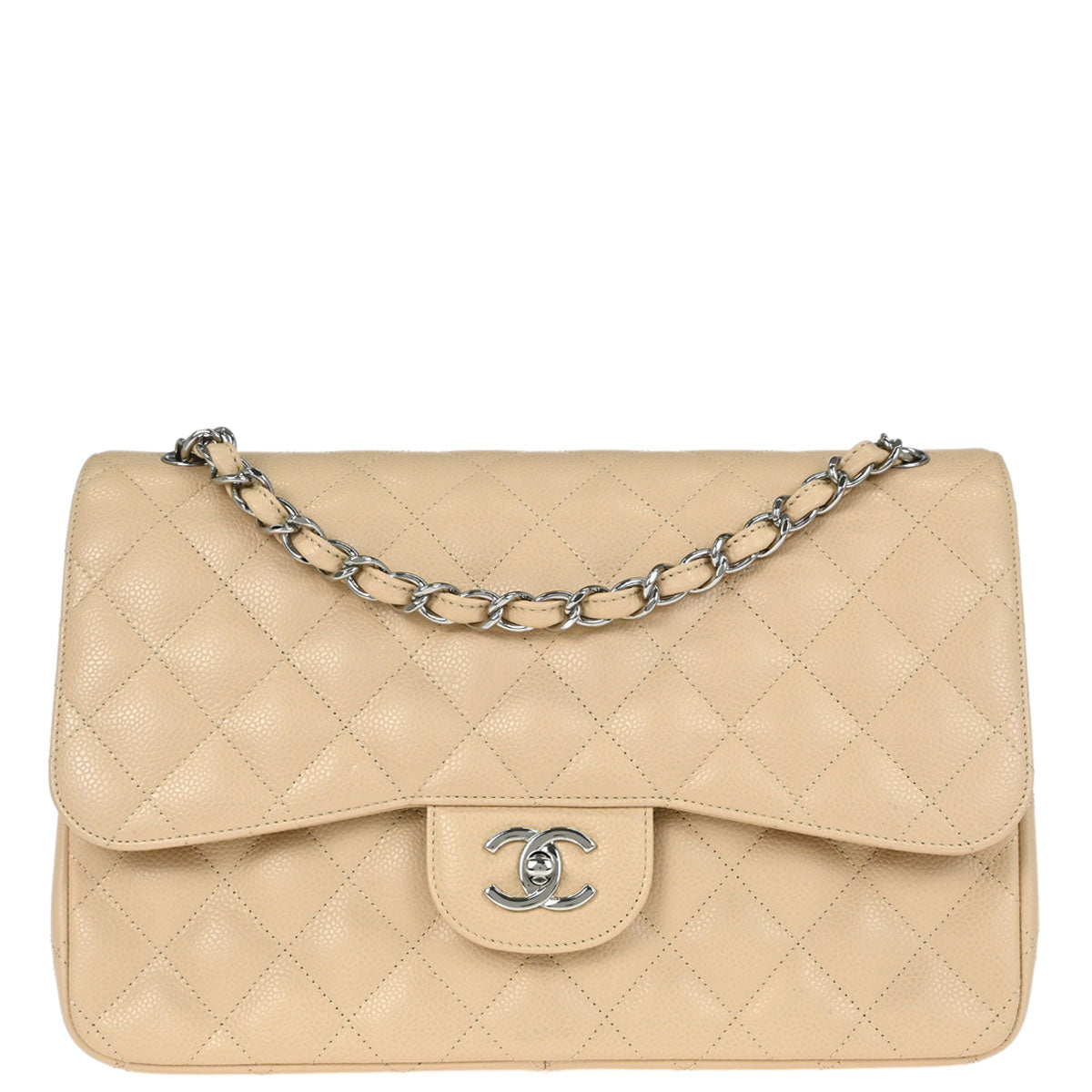 Chanel 2012 Beige Caviar Skin Jumbo Classic Double Flap Shoulder Bag