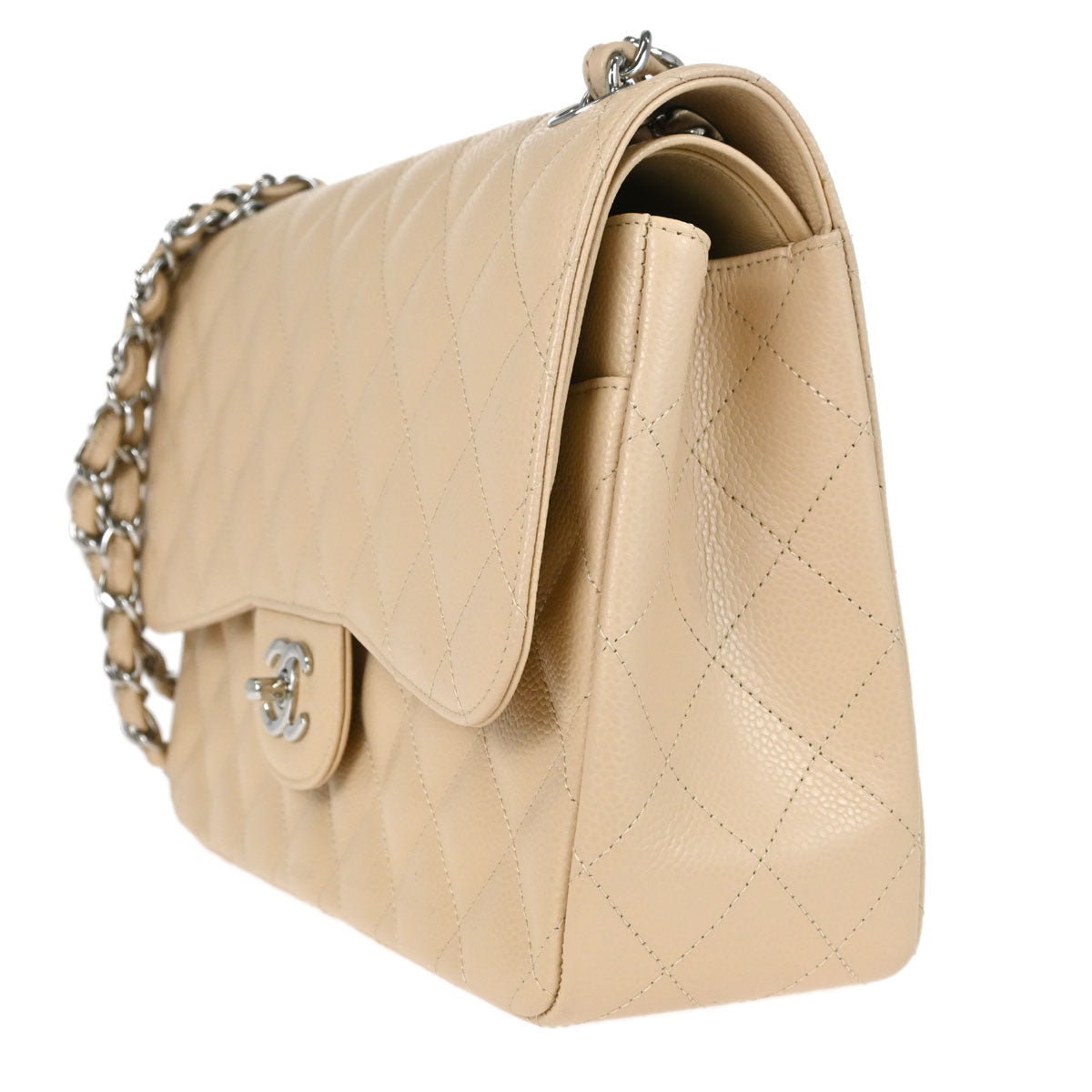 Chanel 2012 Beige Caviar Skin Jumbo Classic Double Flap Shoulder Bag