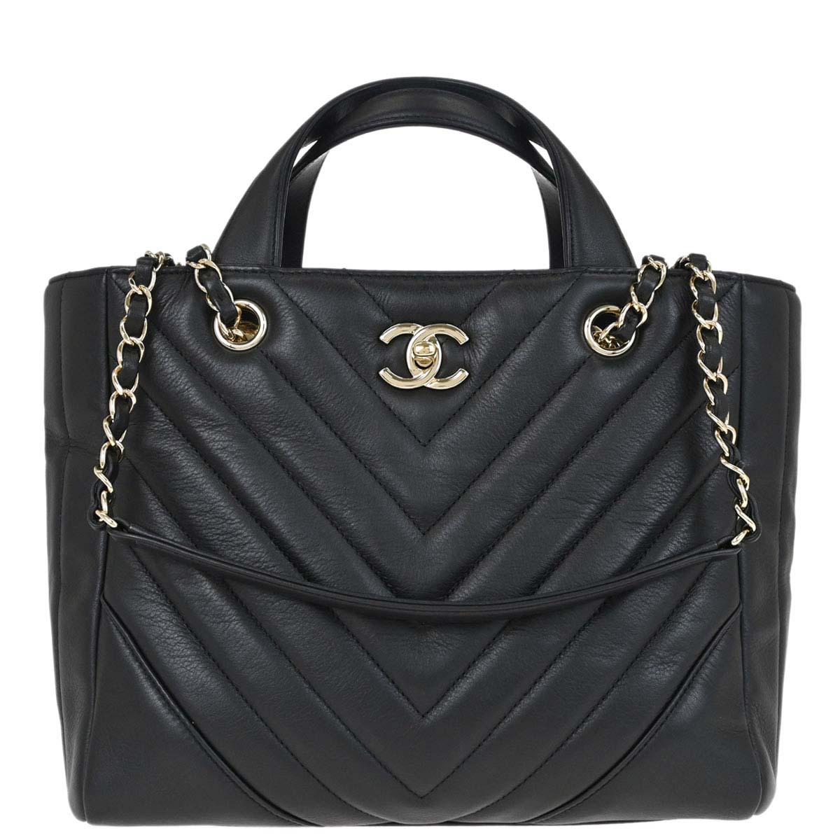 Chanel 2018-2019 Black Calfskin Statement Chevron Shopping Tote 2way Shoulder Handbag