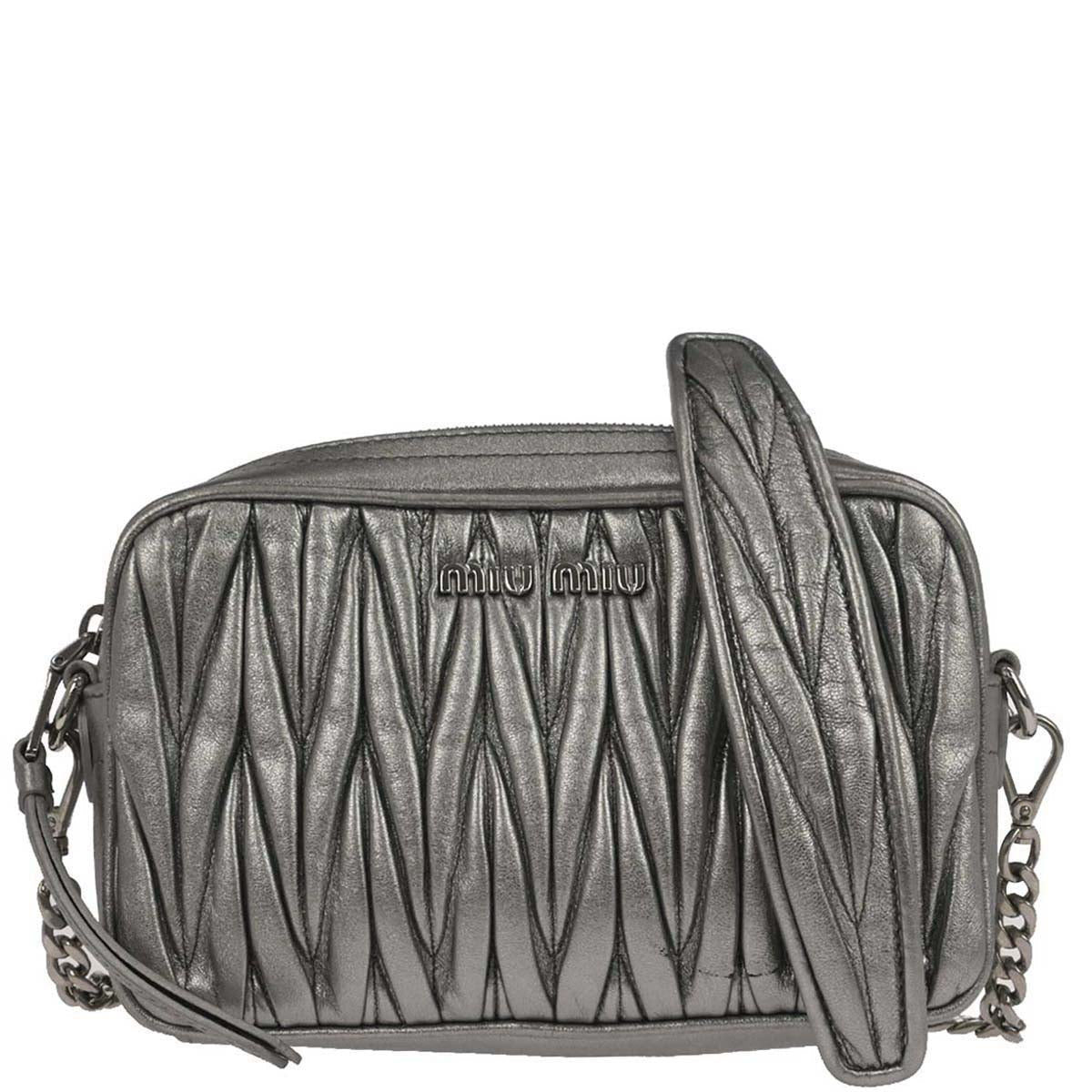 Miu Miu Metallic Silver Lambskin Matelasse Shoulder Bag