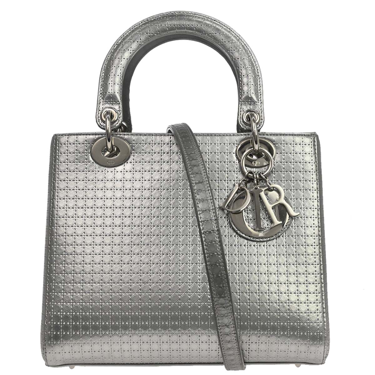 Christian Dior Silver Leather Medium Lady Dior Cannage 2way Shoulder Handbag