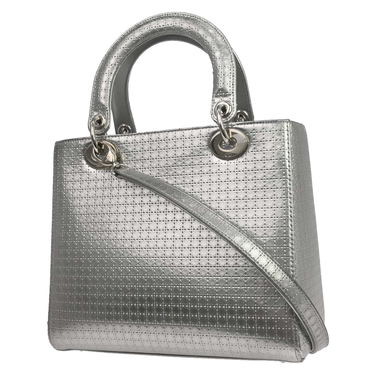 Christian Dior Silver Leather Medium Lady Dior Cannage 2way Shoulder Handbag