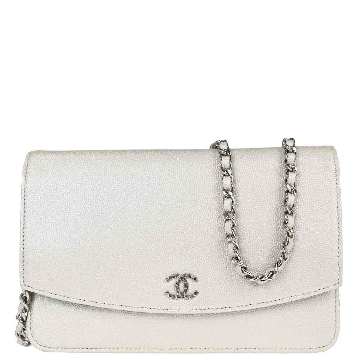 Chanel Metallic White Caviar Skin WOC Wallet on Chain Shoulder Bag