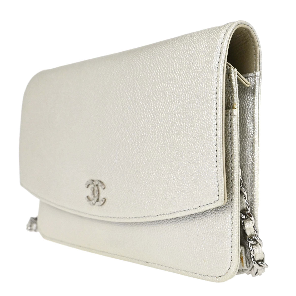 Chanel Metallic White Caviar Skin WOC Wallet on Chain Shoulder Bag