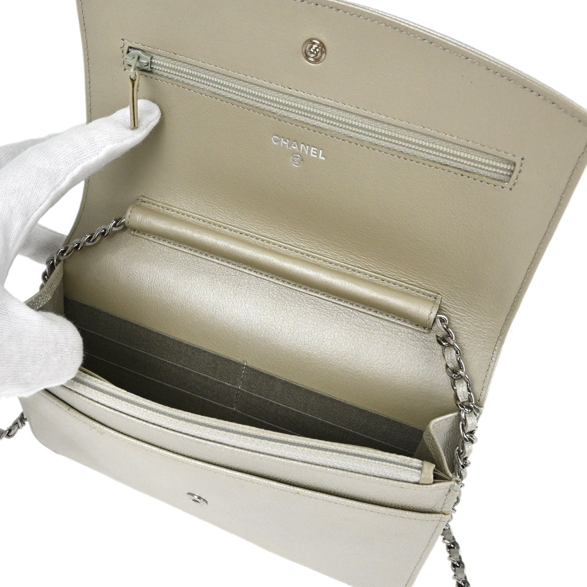 Chanel Metallic White Caviar Skin WOC Wallet on Chain Shoulder Bag