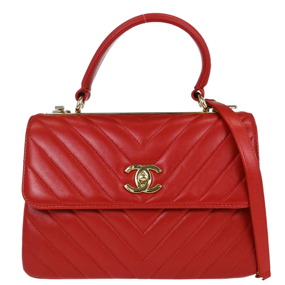 Chanel 2019 Red Lambskin Trendy CC Chevron Top Handle 2way Shoulder Handbag