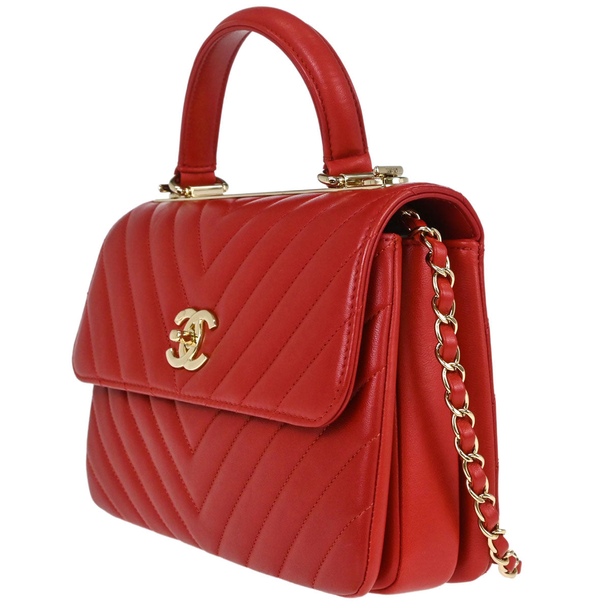 Chanel 2019 Red Lambskin Trendy CC Chevron Top Handle 2way Shoulder Handbag