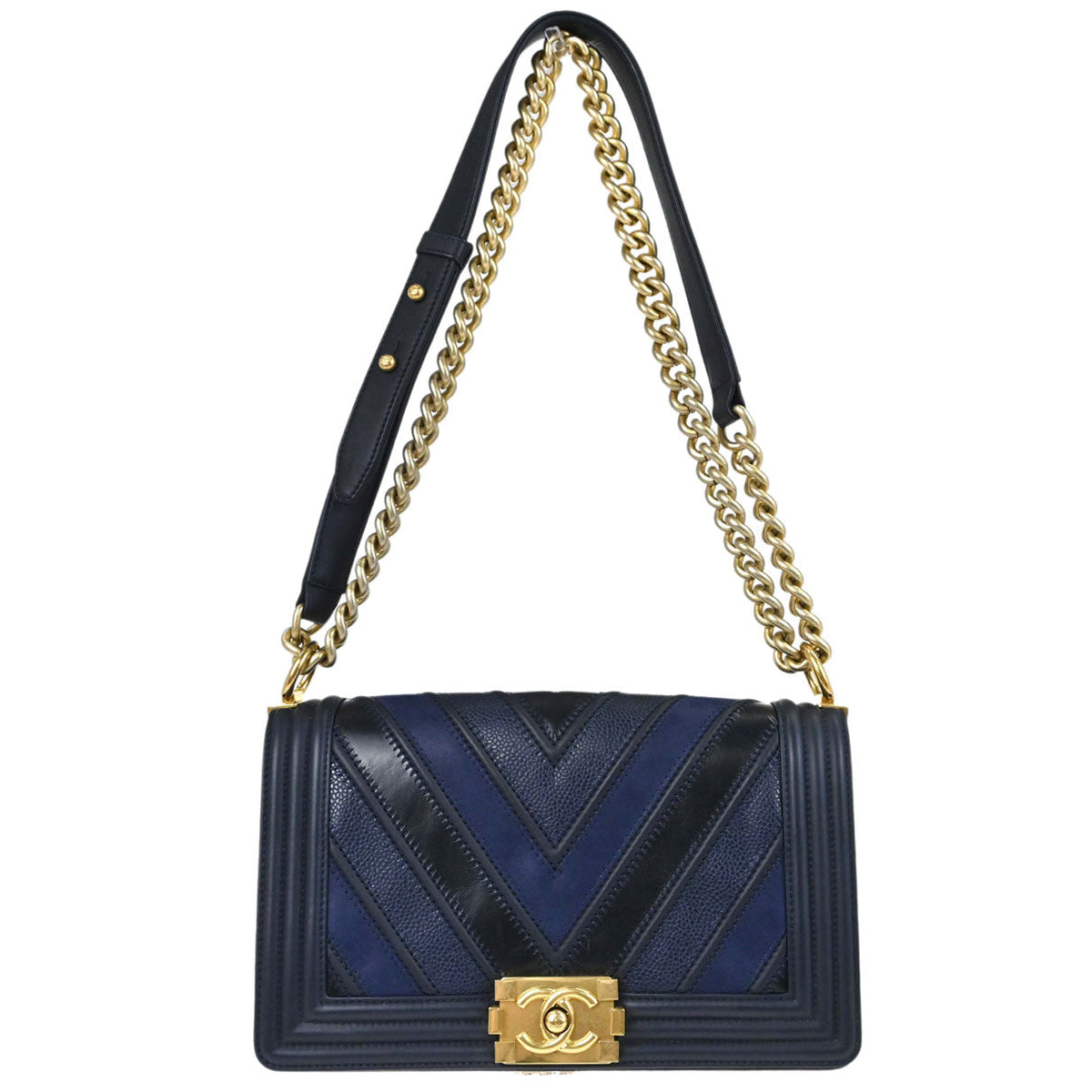 Boy Chanel 2016-2017 Black Navy Calfskin Medium Chain Shoulder Bag